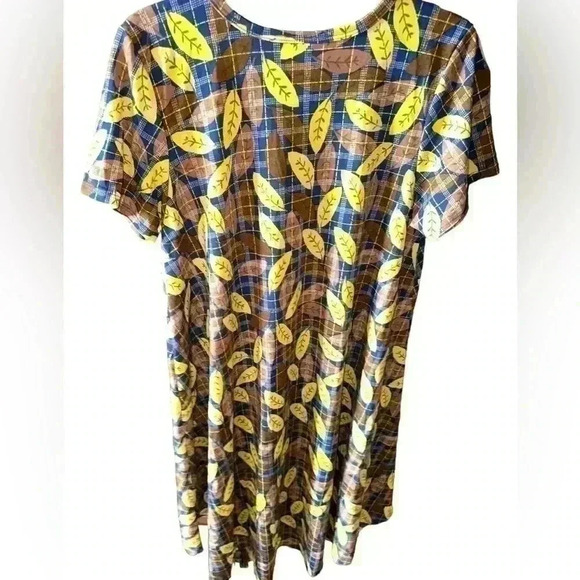 Lularoe medium brown& navy plaid Carly swing‎ dress:NWT . Leaf pattern over top - Picture 2 of 8